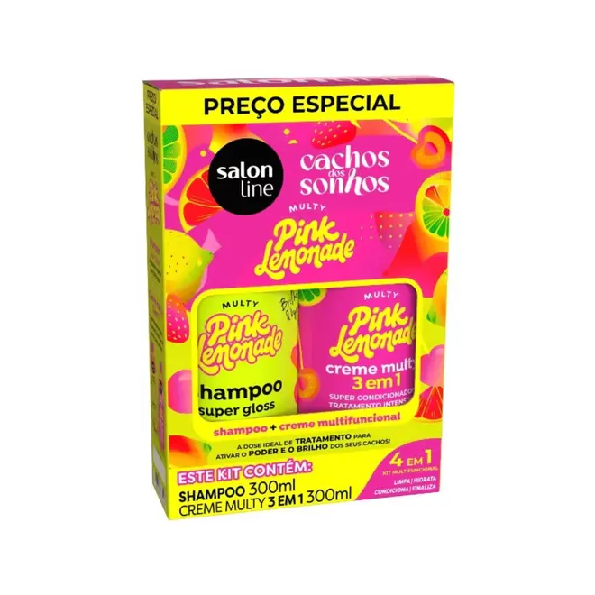 SALON LINE CACHOS DOS SONHOS KIT SHAMPOO E CREME MULTY PINK LEMONADE 300ML